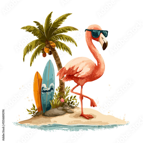 Cartoon vector illustration of a flamingo wearing sunglasses with a surfer, surfboards, and palm tree on a beach island, transparent background.