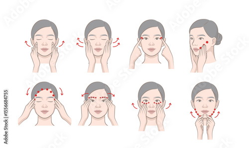 Woman character's cosmetic skin care routine. Beautiful female model massaging face, aroma meridian massage, acupressure massage