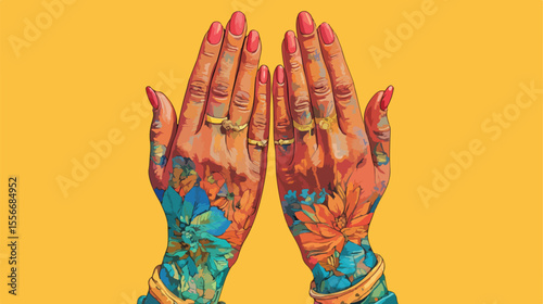 Peaceful Female Hands in Namaste Flat Vector Illustration