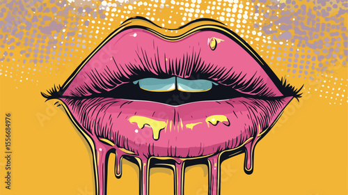 Vibrant Female Lips Dripping Pop Art Style Vector Illustration