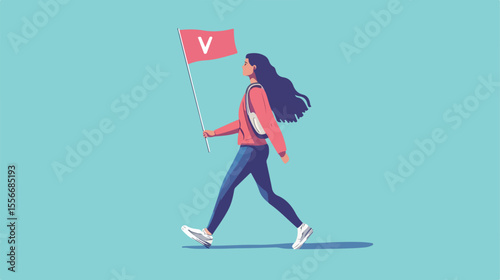 Female Voter Walking with Flag Vector Illustration