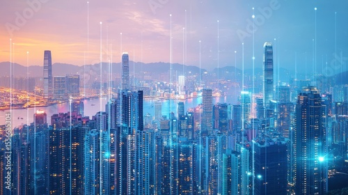 Illuminated skyline of a modern cityscape representing digital connectivity