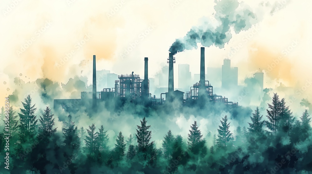 Obraz premium Soft Watercolor Illustration of Eco-Friendly Factory Surrounded by Trees