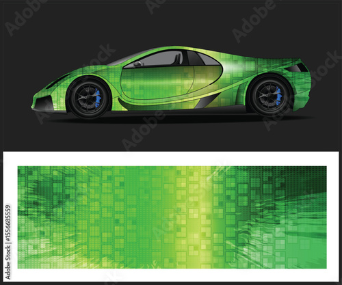 Green Sports Car with Abstract Square Pattern and Matching Wrap Design