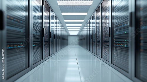Modern server room security: Data center server room with advanced security system, minimalistic tech background