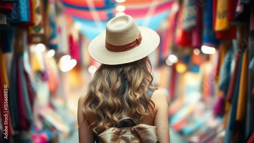 Woman in Straw Hat Exploring Colorful Textile Market from Behind