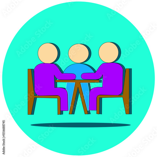 A vibrant icon showing a group of people at a table with a chart, signifying a productive meeting, collaborative work, data analysis, and strategic planning. Ideal for business intelligence and team 