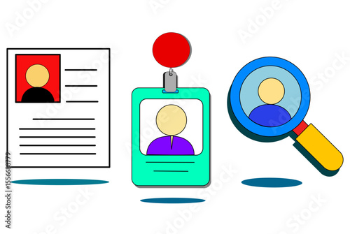 A set of three icons: an ID card, a magnifying glass, and a person, symbolizing identification, search, and personal data. Ideal for security, HR, verification, and user management systems.