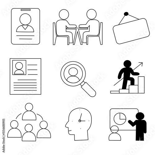 Diverse business icon set: people for teamwork, lightbulb for ideas, abstract for strategy. Perfect for corporate, HR, innovation, and communication designs. Modern, professional vector collection.