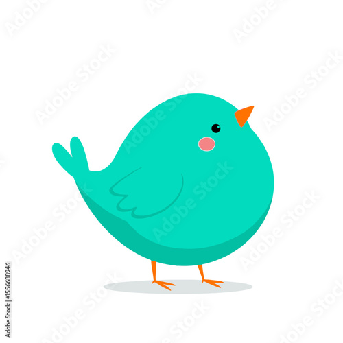 Cute cartoon turquoise bird with orange beak and pink cheeks isolated on white background