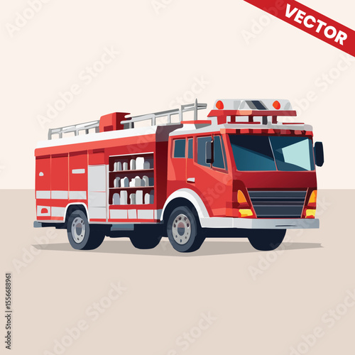 Single Vector Cartoon Fire Truck with Ladder and Emergency Lights for Rescue Game Illustration Firefighter Vehicle Equipment Clipart Isolated Design