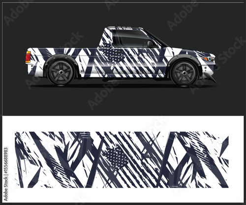 Pickup Truck with American Flag Inspired Abstract Wrap Design Concept