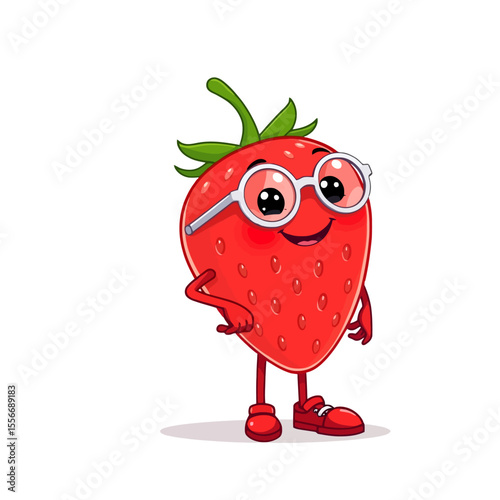 Cute cartoon strawberry character wearing glasses and shoes isolated on white background