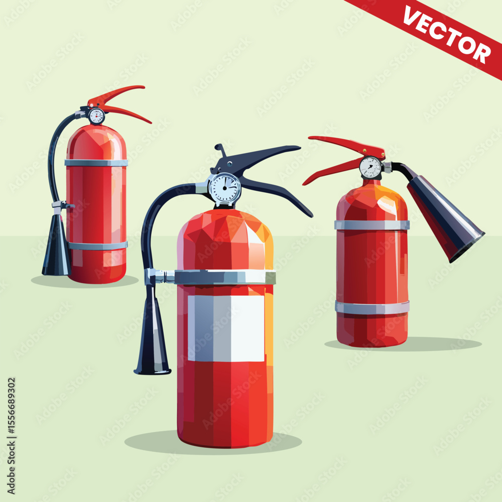 Obraz premium Three Fire Extinguisher Vector Illustrations for Emergency Evacuation Posters Fire Safety Training Printable School Materials High Quality Editable Graphic Design for Commercial Use and Presentations