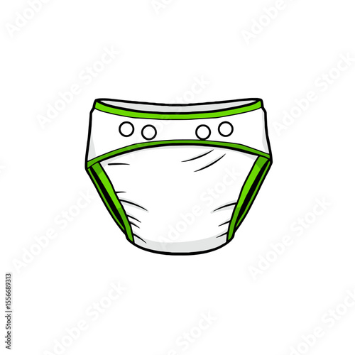 Cartoon illustration of a white diaper with green trim isolated on white background