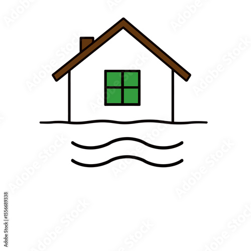 Simple illustration of a house partially submerged in water isolated on white background