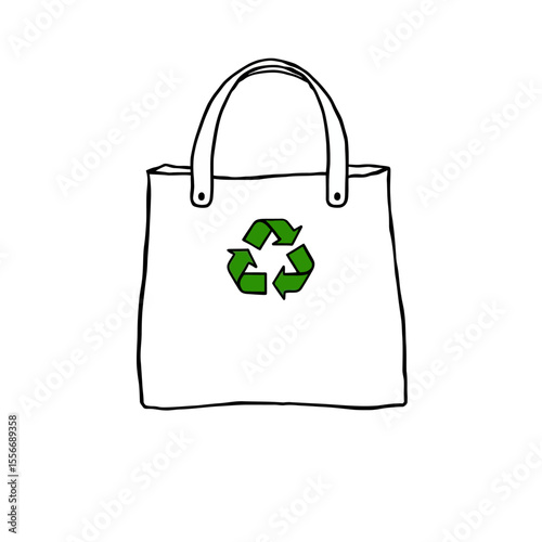Hand drawn white tote bag with green recycling symbol isolated on white background