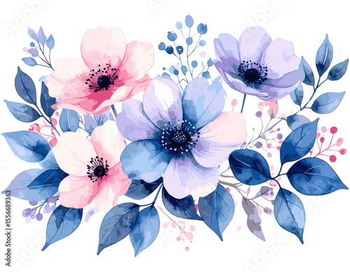 Elegant Watercolor Floral Arrangement Blue and Pink Flower Bouquet Illustration