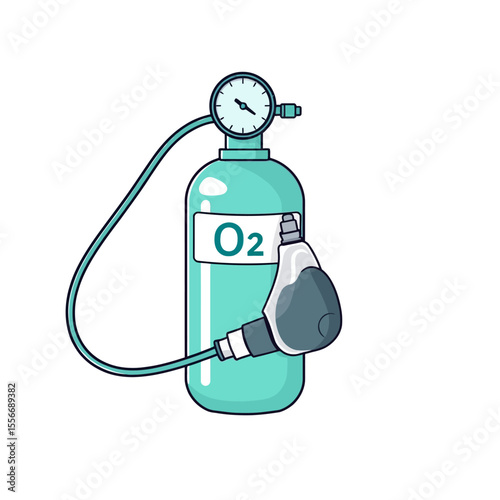 Medical oxygen tank with mask and pressure gauge isolated on white background