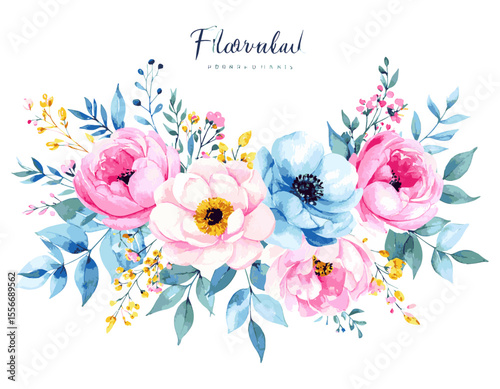 Elegant Watercolor Floral Bouquet Pink, Blue, and White Flowers