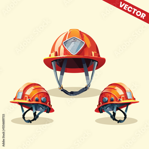 Realistic Vector Art of Two Firefighter Helmets with Visors in Detailed High Quality Style for Fire Rescue and Emergency Department Safety Equipment for Professional Firefighting Protection Gear