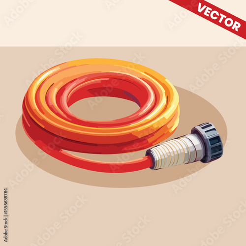 High Quality Vector Illustration of Red Orange Coiled Garden Hose with Connector Realistic Style Perfect for Gardening Plumbing Maintenance Content
