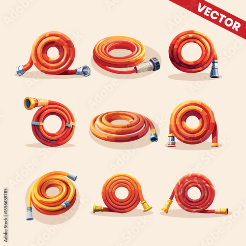 High Quality Vector Illustration of Various Fire Hoses Coiled Neatly with Nozzle and Connectors for Emergency Firefighter Equipment in Realistic Style for Fire Safety and Rescue Operations