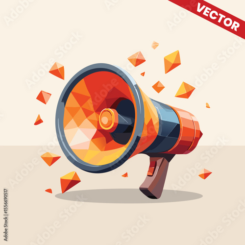 Vector Megaphone Illustration with Geometric Orange Polygon Design for Social Media Announcement Advertising Marketing Promotional Graphics in High Quality Download for Your Projects