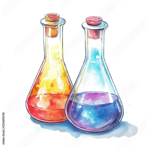 Reaction Flasks, watercolor painting vector, isolated on a white background.