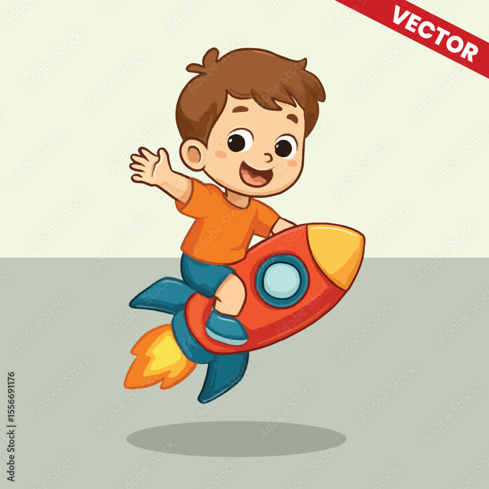 Naklejka premium Smiling Cartoon Boy Riding Rocket Ship in Space Adventure Vector Illustratio