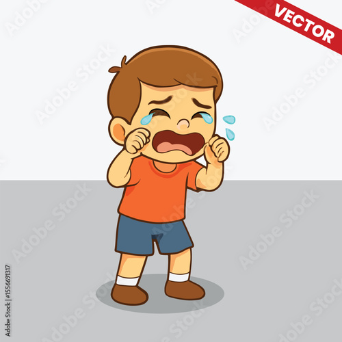 Cartoon Boy Crying Loudly with Tears Streaming Down His Face Vector Illustration