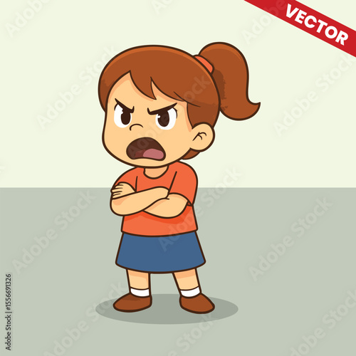 Angry Cartoon Girl Folding Arms and Shouting in Displeasure Vector Illustration