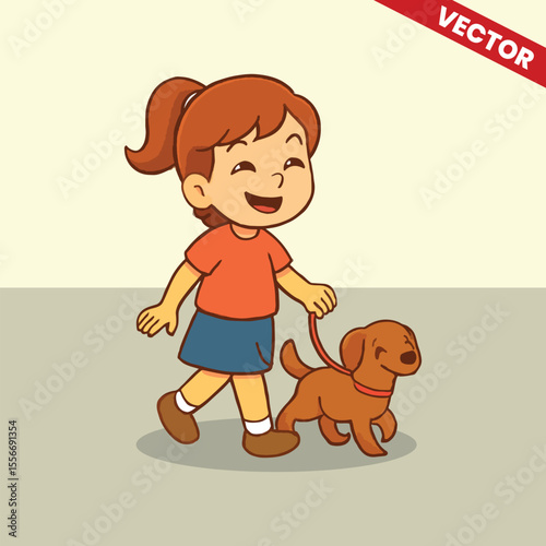 Cute Cartoon Girl Walking Pet Dog on Leash and Smiling Happily Vector Illustration