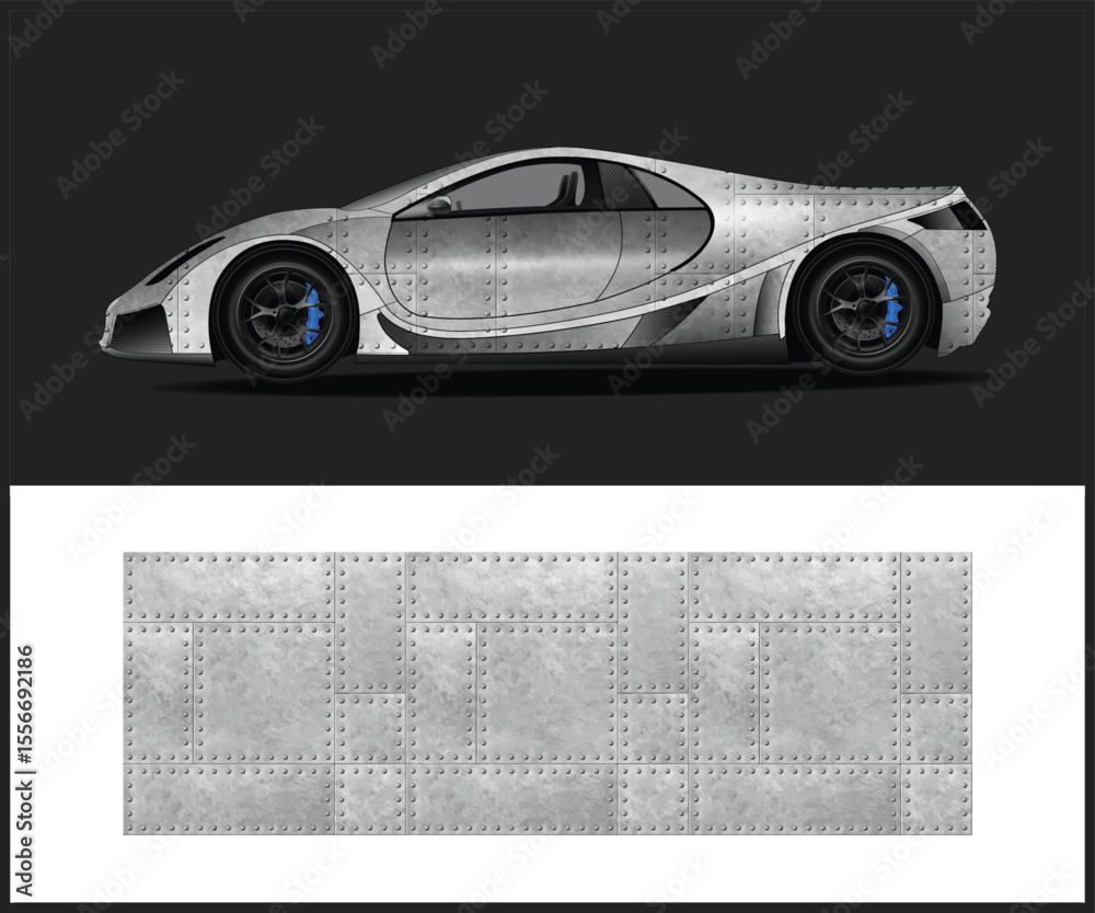 Riveted Metal Sports Car with Blue Calipers and Metal Sheet Texture