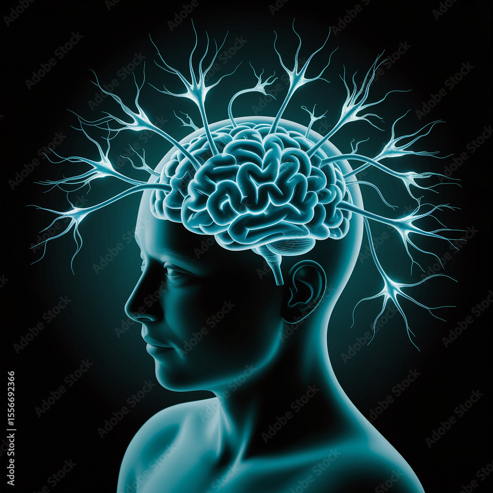Obraz premium 3D rendering of neurons firing inside transparent head silhouette, dark background, left space