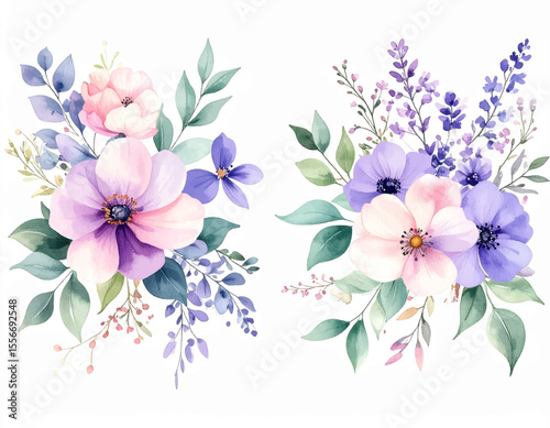 Elegant Watercolor Floral Bouquets Purple, Pink, and Lavender Flowers