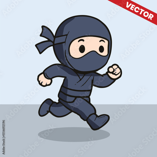Running Cute Ninja Character in Full Costume Vector Illustration for Kids Martial Arts Design