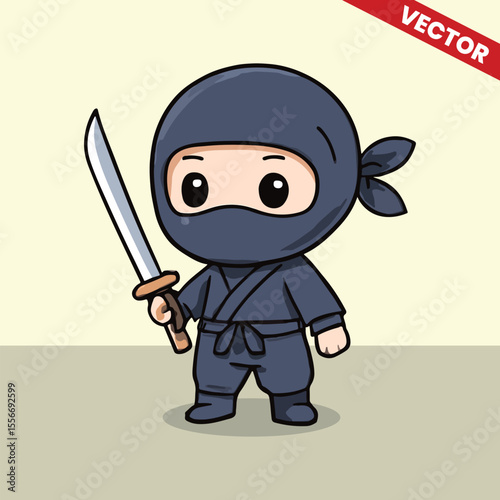 Cute Cartoon Ninja Holding Sword – Kawaii Assassin Character Vector Illustration