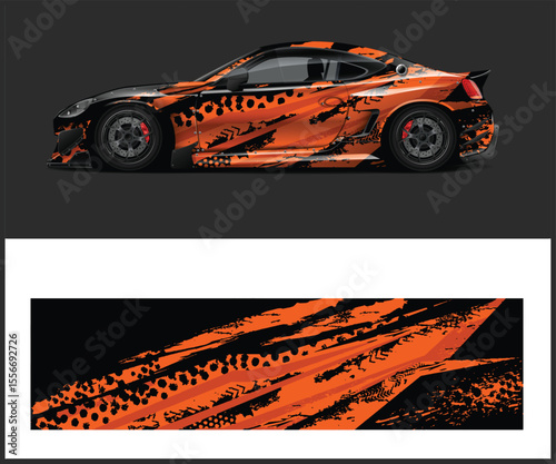 Sporty Car with Orange and Black Racing Stripes Vinyl Wrap Design