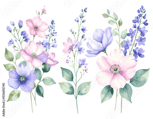 Elegant Watercolor Floral Bouquets Lavender, Pink, and Purple Flower Arrangements