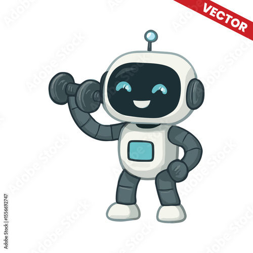 Happy Cartoon Robot Lifting Dumbbell – Strong Fitness Robot Character Vector