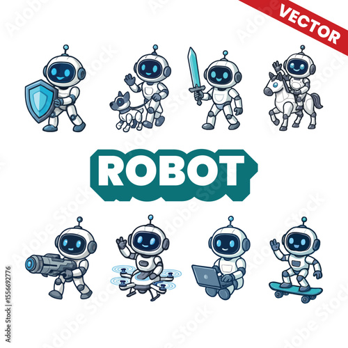 Set of Cute Robots with Fun Poses – Vector Set of Adorable AI Characters