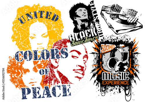 Urban Streetwear and T-Shirt Graphic Vector Collection , grunge, collage-style vector graphics inspired by streetwear, music culture (hip-hop, soul), and skateboarding. They are all ideal for T-shirt 