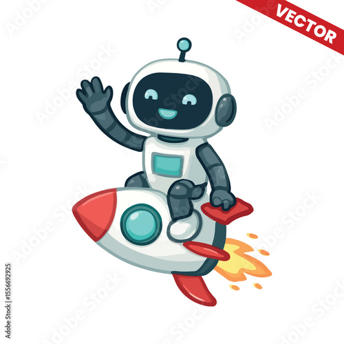 Smiling Robot Riding Rocketship – Cute Space Launch Vector Illustration