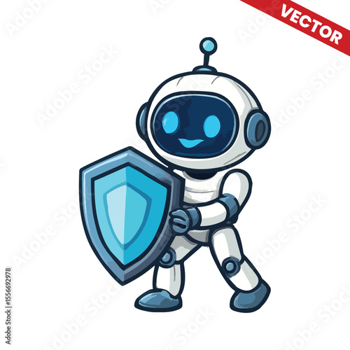 Robot Holding Blue Shield – Friendly Cartoon AI Security Guardian Vector