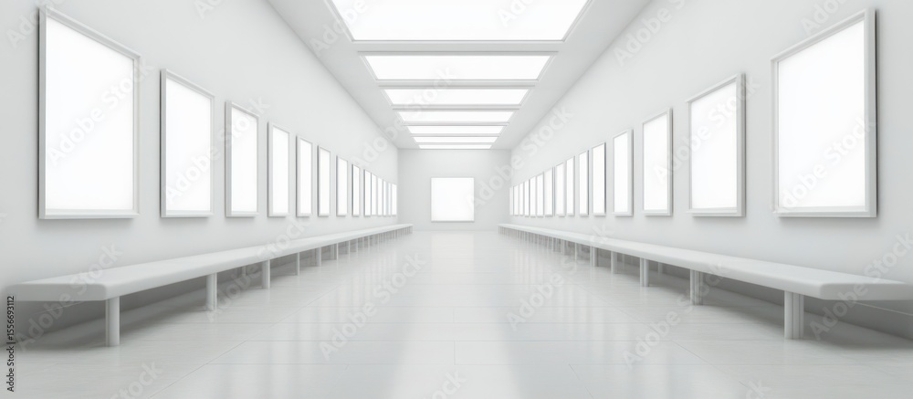 Fototapeta premium Serene all white gallery interior with blank frames and minimalist benches