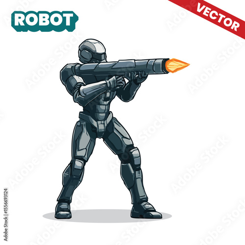 Futuristic Combat Robot Warrior Firing Heavy Weapon – Sci-Fi Vector Illustration
