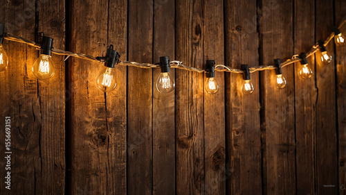 Rustic wooden wall and warm string lights with straw in farmhouse setting.