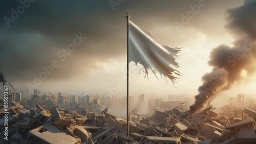 Tattered white flag standing in ruined landscape with smoke and distant city skyline under dark cloudy sky