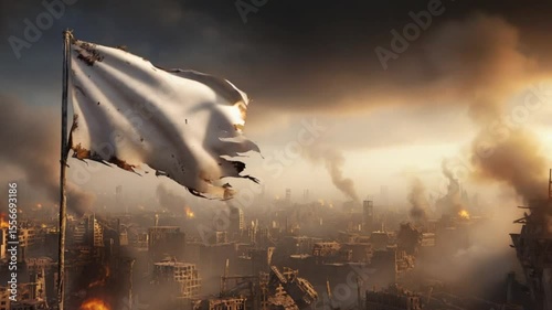 Tattered white flag in apocalyptic war torn city with smoke fire and ruined buildings